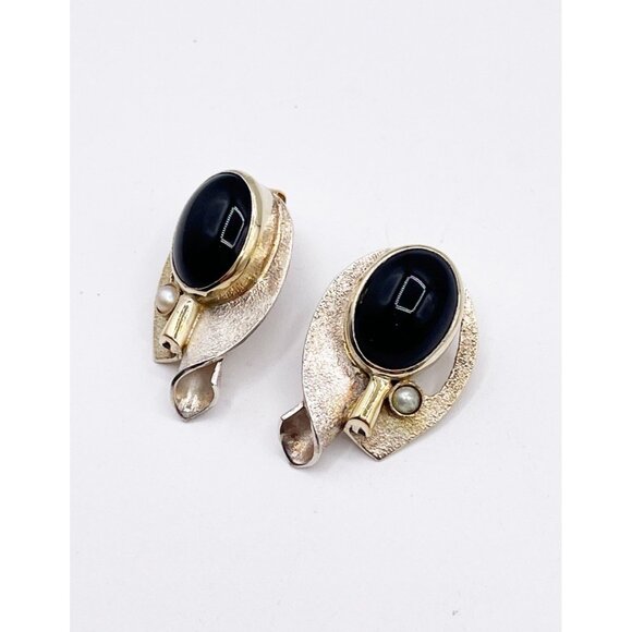 VTG Sterling Silver & Vermeil Modernist Earrings 925 Black Cabochon Faux Pearl - Picture 3 of 11